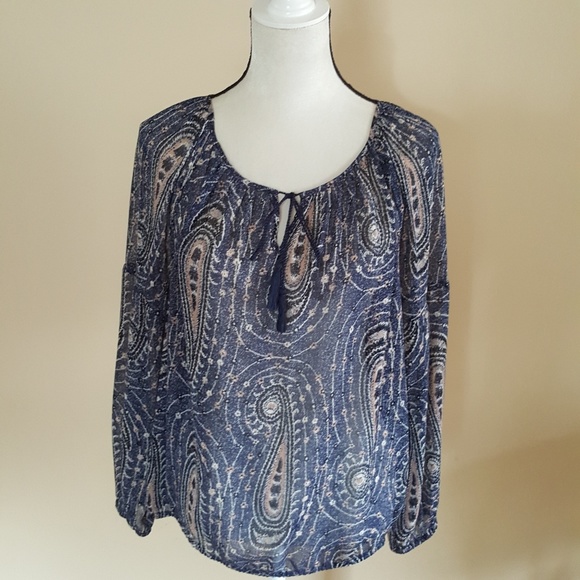 Lucky Brand sheer top size large Blue And Brown Paisley - Picture 2 of 8